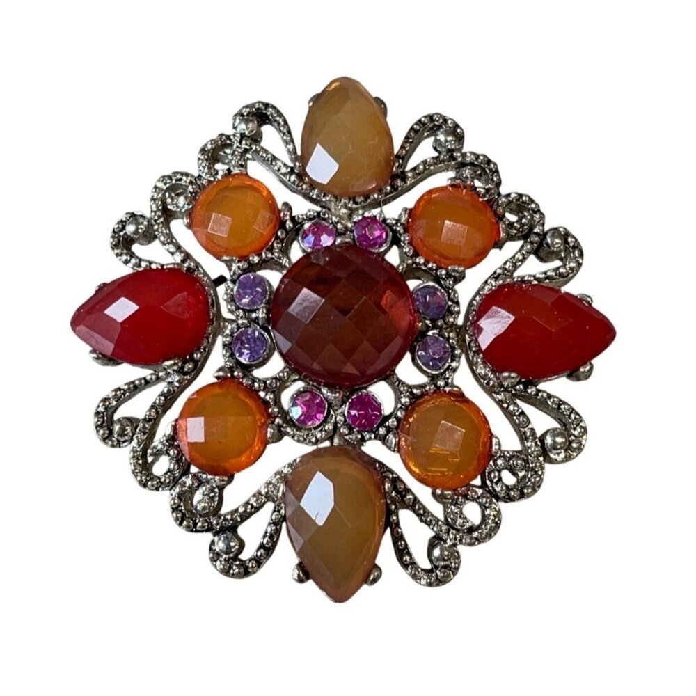 Vintage Multicolor Rhinestone‎ Brooch Pin With Ornate Silver-Tone Setting